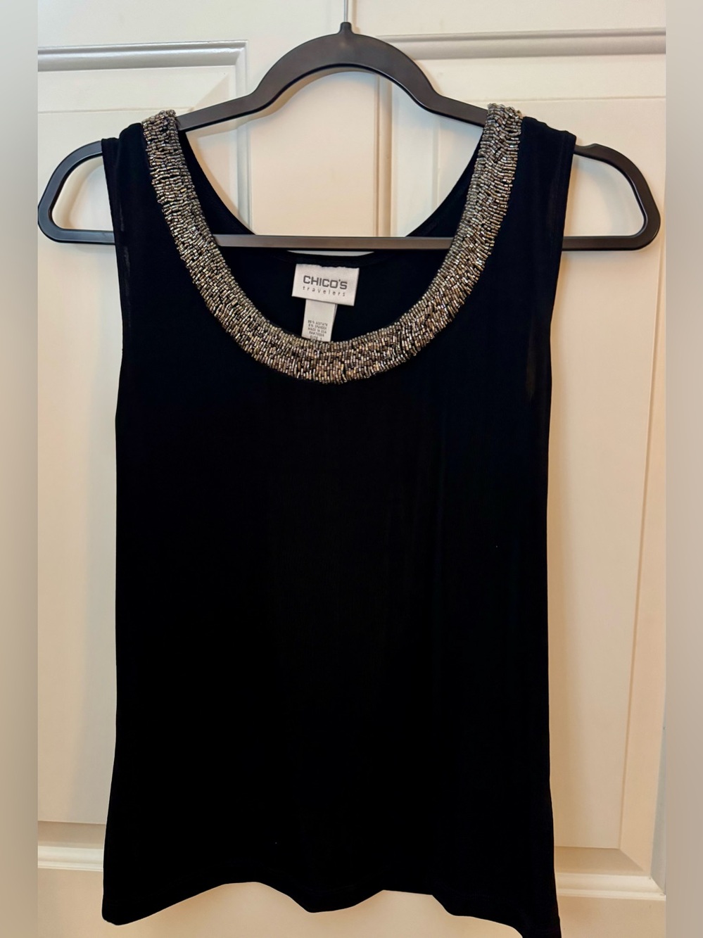 Chico's Top Travelers Embellished Top Black Beaded Scoop Neck **NWT**